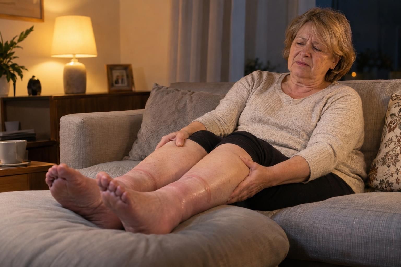 Žena na kauču na kraju dana drži teške noge podignute na jastuku, gležnjevi vidljivo otečeni